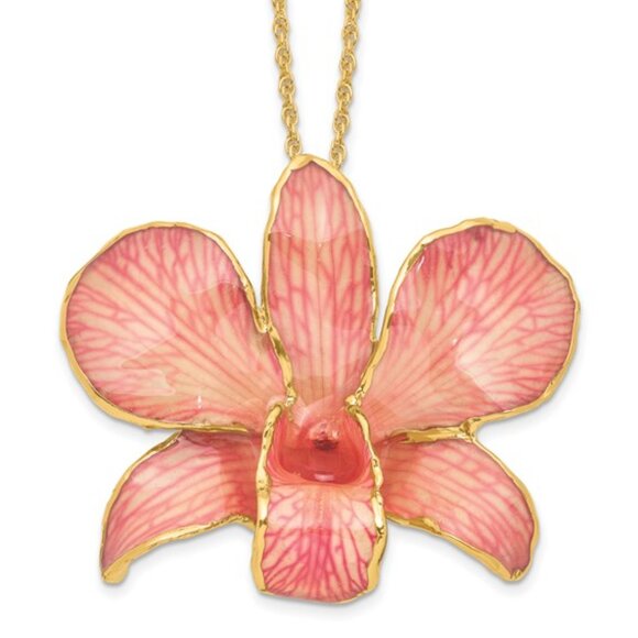 24k Gold Trim lacquer Dipped Real Dendrobium Orchid 20 inch Gold-tone Necklace - Picture 7 of 13